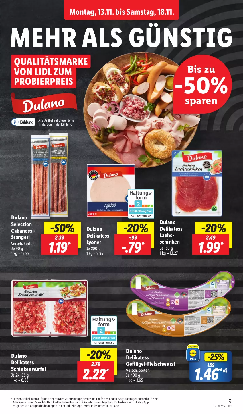 Aktueller Prospekt Lidl - Aktionsprospekt - von 13.11 bis 18.11.2023 - strona 11 - produkty: angebot, bier, Cabanossi, coupon, dulano, eis, fleisch, fleischwurst, Geflügel, Geflügel-Fleischwurst, lachs, lachsschinken, lyoner, reis, schinken, Ti, würfel, wurst, Yo, ZTE