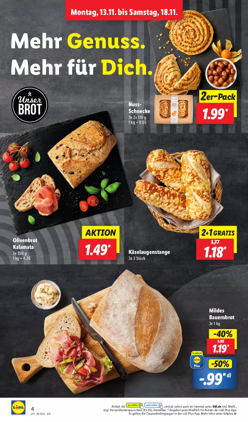 Aktueller Prospekt Lidl - Aktionsprospekt - von 13.11 bis 18.11.2023 - strona 4 - produkty: angebot, auer, Bau, Bauer, brot, coupon, Käse, Laugenstange, ndk, nuss, Nussschnecke, olive, oliven, Schal, Schale, Ti