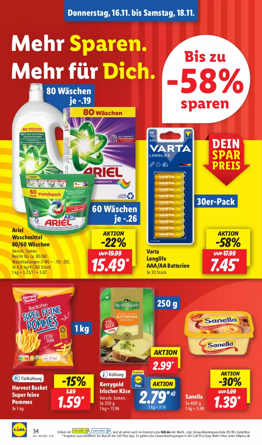 Aktueller Prospekt Lidl - Aktionsprospekt - von 13.11 bis 18.11.2023 - strona 44 - produkty: angebot, ariel, ariel waschmittel, batterie, batterien, coupon, eis, Käse, kerrygold, longlife, ndk, pommes, reis, Schal, Schale, Ti, varta, waschmittel