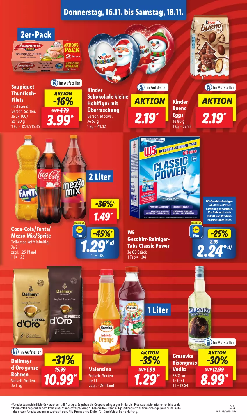 Aktueller Prospekt Lidl - Aktionsprospekt - von 13.11 bis 18.11.2023 - strona 45 - produkty: angebot, bohne, bohnen, coca-cola, cola, coupon, dallmayr, eis, elle, fanta, filet, filets, fisch, geschirr, in olivenöl, Kinder, kinder bueno, kinder schokolade, leine, Mezzo Mix, olive, oliven, olivenöl, preisvorteil, Rauch, reiniger, reis, rwe, saupiquet, schoko, schokolade, sprite, teller, thunfisch, Ti, valensina, vodka, ZTE