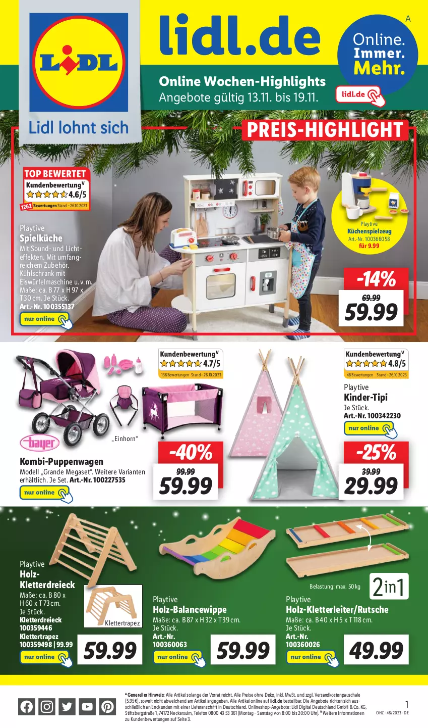 Aktueller Prospekt Lidl - Aktionsprospekt - von 13.11 bis 18.11.2023 - strona 49 - produkty: angebot, angebote, dell, eis, eiswürfel, elle, Holz, Kinder, küche, Küchen, kühlschrank, kühlschrank mit, Mode, ndk, Puppe, Puppenwagen, reis, rel, Ria, Schal, Schale, Schrank, Spielküche, spielzeug, telefon, Ti, Tipi, uhr, würfel