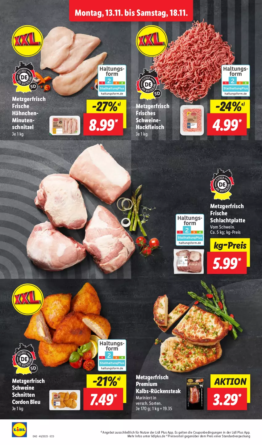 Aktueller Prospekt Lidl - Aktionsprospekt - von 13.11 bis 18.11.2023 - strona 6 - produkty: angebot, cordon bleu, coupon, eis, fleisch, Frische Hähnchen, hackfleisch, latte, minutenschnitzel, preisvorteil, reis, Rückensteak, schnitten, schnitzel, schwein, schweine, Schweinehackfleisch, steak, Ti, wein, weine