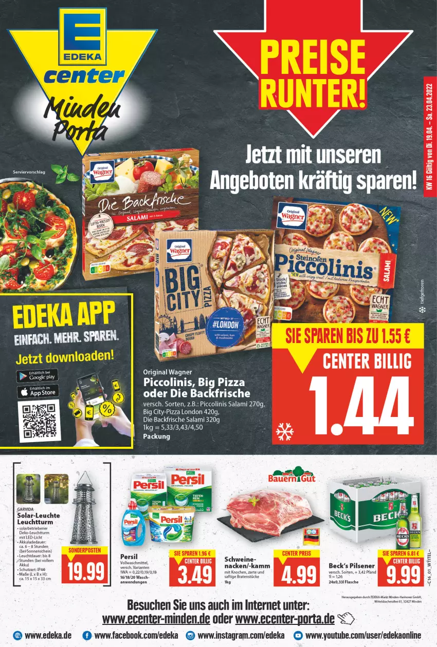 Aktueller Prospekt E Center - Angebote der Woche - von 18.04 bis 23.04.2022 - strona 1 - produkty: akku, auer, braten, deka, ente, flasche, gin, K2, led-licht, Leuchte, original wagner, piccolinis, pizza, Ria, saft, salami, solarleuchte, Ti, wagner, Yo