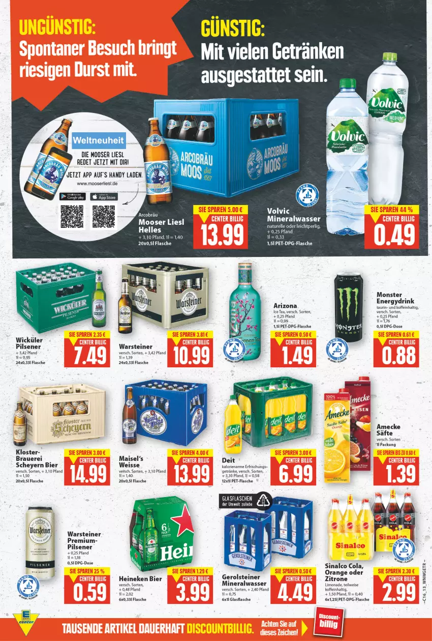 Aktueller Prospekt E Center - Angebote der Woche - von 18.04 bis 23.04.2022 - strona 12 - produkty: Alwa, amecke, auer, bier, cola, deit, drink, eis, elle, flasche, getränk, getränke, glasflasche, Handy, heineken, ice tea, limo, limonade, mais, mineralwasser, monster, natur, orange, pet-flasche, pils, pilsener, rel, säfte, sinalco, steiner, Ti, warsteiner, wasser, WICK, zitrone