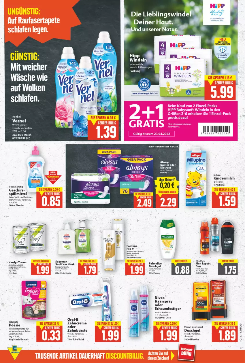 Aktueller Prospekt E Center - Angebote der Woche - von 18.04 bis 23.04.2022 - strona 13 - produkty: alleinfuttermittel, Alwa, Always, auer, beutel, bürste, creme, dailies, deo, duschgel, eis, Engel, ente, flasche, geschirr, gsw, haarspray, Handseife, Kinder, kindermilch, kraft, l'oreal, milch, milupa, nivea, oder schaumfestiger, olive, oral-b, palmolive, pantene, pro-v, Ria, rum, sagrotan, Schal, Schale, schaumfestiger, Seife, shampoo, shampoo oder spülung, spülmittel, spülung, tee, Ti, vita, vitakraft, windeln, Yo, zahnbürste, zahncreme