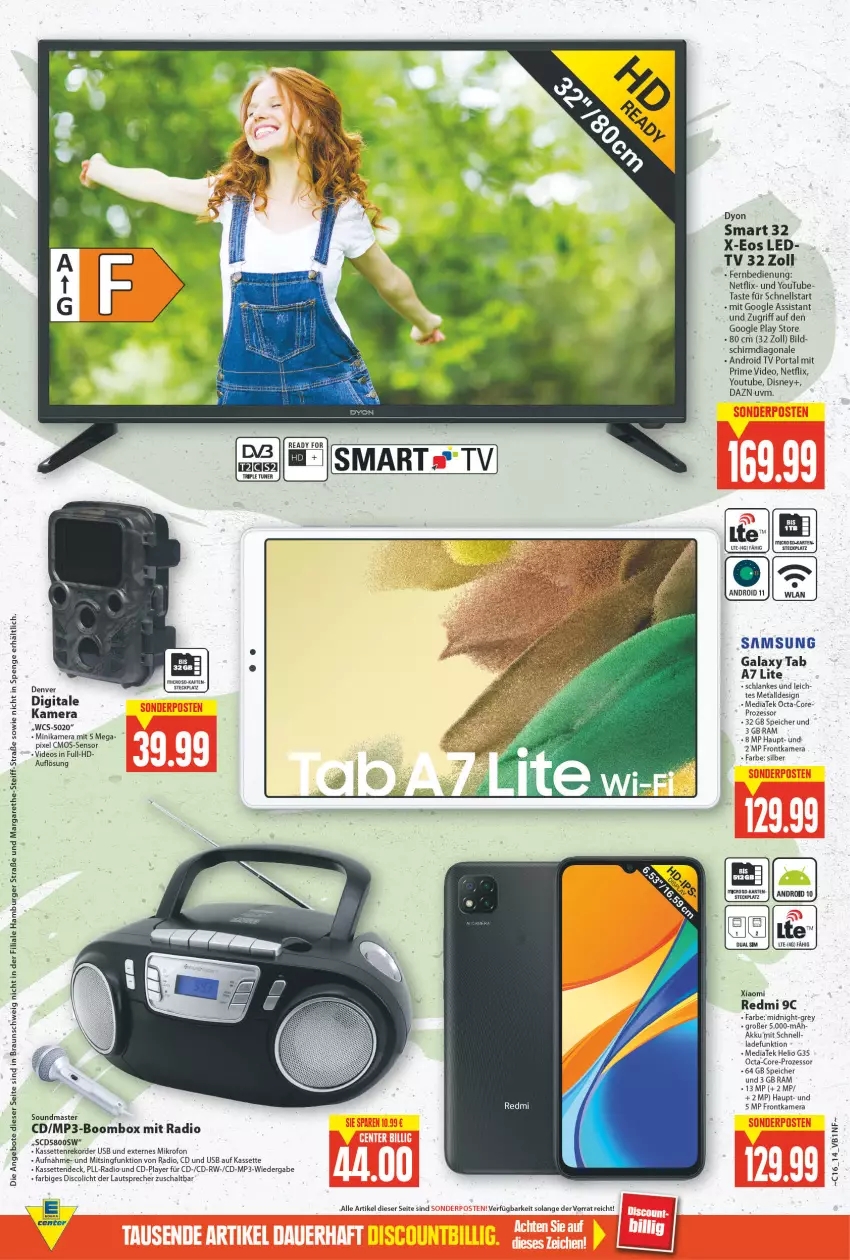 Aktueller Prospekt E Center - Angebote der Woche - von 18.04 bis 23.04.2022 - strona 14 - produkty: akku, Android TV, angebot, angebote, braun, burger, cmos-sensor, deo, disney, dyon, fernbedienung, frontkamera, google play, hamburger, kamera, lautsprecher, microsd, Mp3, netflix, Radio, Samsung, samsung galaxy, Schal, Ti, usb, Yo