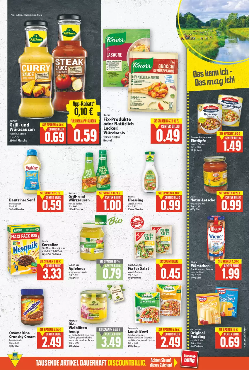 Aktueller Prospekt E Center - Angebote der Woche - von 18.04 bis 23.04.2022 - strona 9 - produkty: apfel, apfelmus, aufstrich, Bau, beutel, bio, Blüte, bonduelle, brot, brotaufstrich, cerealien, cin, deka, develey, Dr. Oetker, dressing, Duck, edeka bio, eintöpfe, elle, ente, flasche, früchte, früchten, Geflügel, gin, grill, hülsenfrüchte, knorr, Kühne, Letscho, LG, lion, natur, natura, nesquik, ovomaltine, salat, sauce, saucen, senf, Ti, und gemüse, würzsauce, würzsaucen, zucker