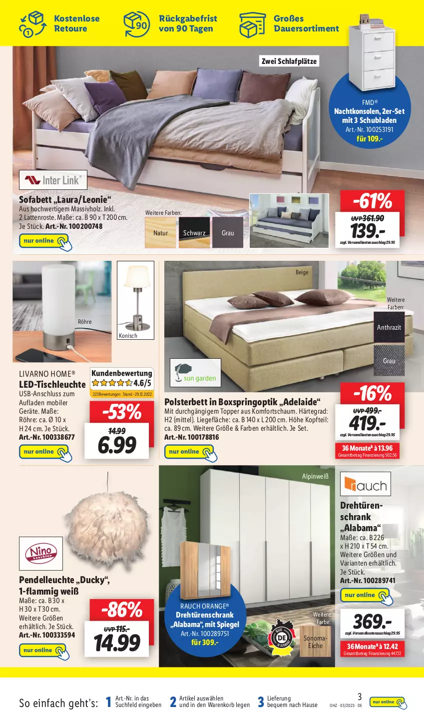 Aktueller Prospekt Lidl - Wochen-Highlights im Onlineshop - von 16.01 bis 22.01.2023 - strona 3 - produkty: auer, bett, dell, drehtürenschrank, Duck, elle, Holz, korb, lamm, latte, lattenrost, led-tischleuchte, Leuchte, Liege, massivholz, nachtkonsole, nachtkonsolen, natur, ndk, orange, Pendelleuchte, polsterbett, Rauch, Ria, ring, Schrank, schubladen, Sofa, spiegel, Ti, tisch, tischleuchte, topper, türenschrank, usb