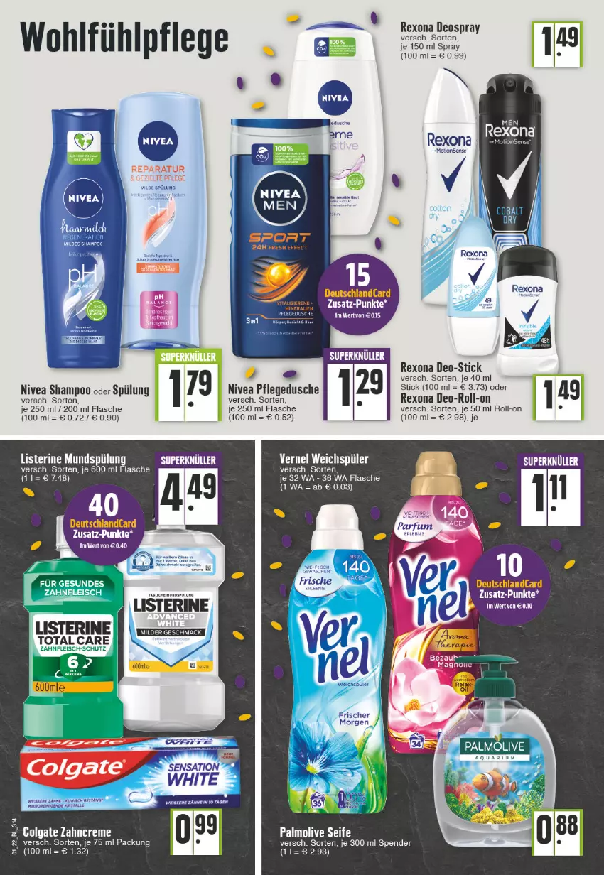 Aktueller Prospekt Edeka - Angebote der Woche - von 03.01 bis 08.01.2022 - strona 14 - produkty: colgate, creme, deo, deospray, deutschlandcard, dusche, eis, ente, flasche, LG, listerine, mac, milch, mundspülung, nivea, parfum, pflegedusche, rexona, roll-on, shampoo, shampoo oder spülung, spülung, tee, Ti, vernel, weichspüler, zahncreme