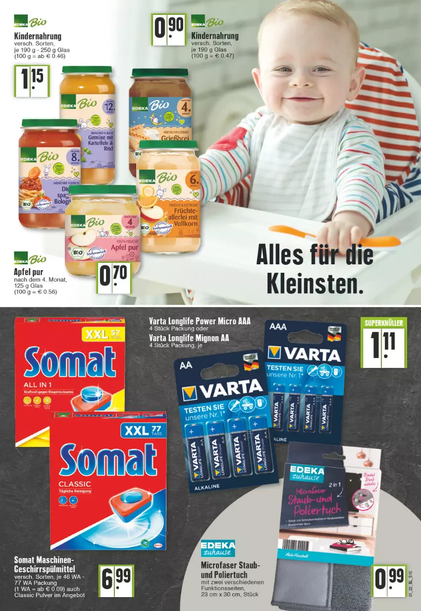 Aktueller Prospekt Edeka - Angebote der Woche - von 03.01 bis 08.01.2022 - strona 15 - produkty: angebot, apfel, bio, eis, fleisch, früchte, geschirr, geschirrspülmittel, Kinder, Kindernahrung, korn, longlife, somat, spülmittel, Ti, tuc, varta