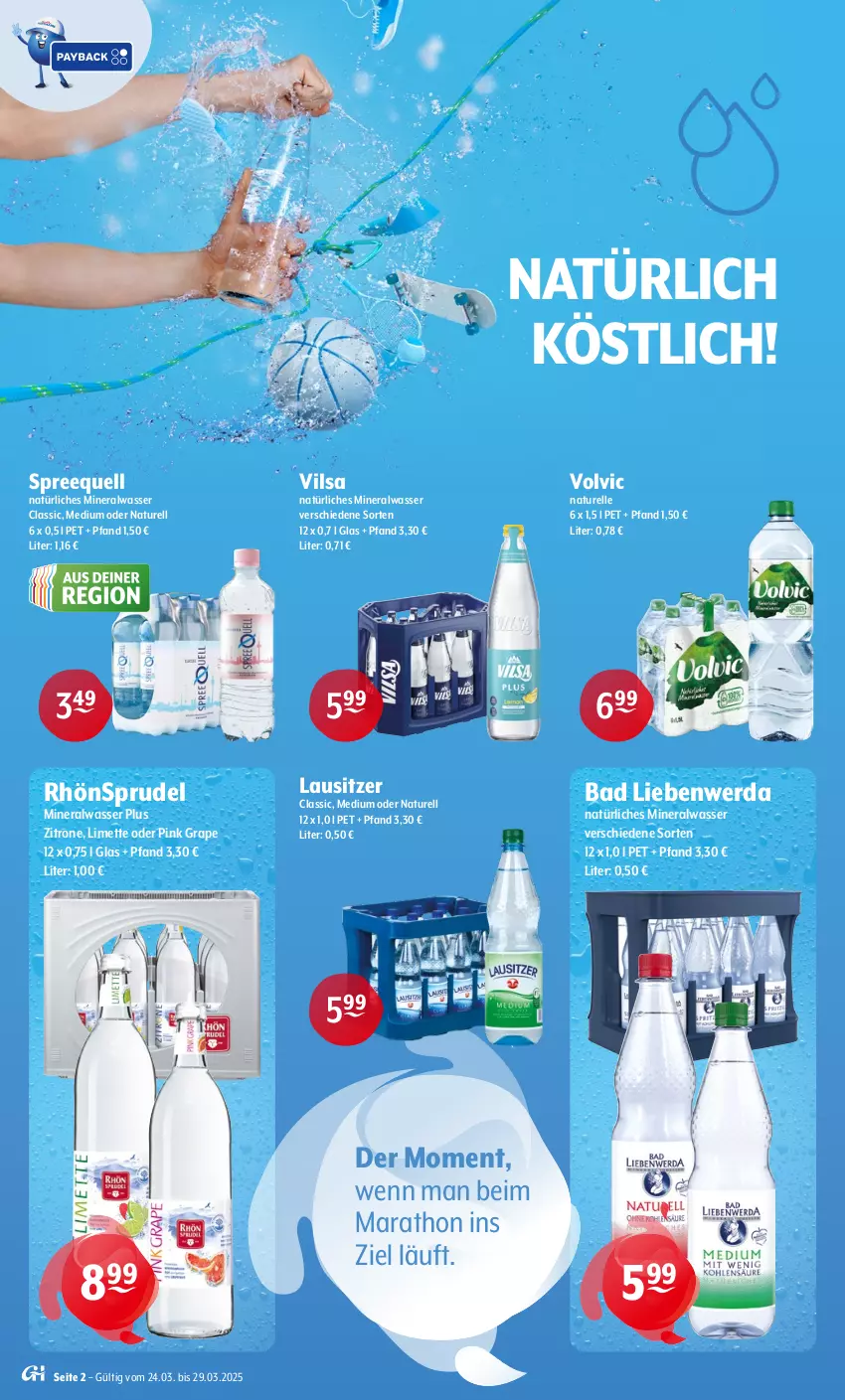 Aktueller Prospekt Getraenke Hoffmann - Prospekte - von 24.03 bis 29.03.2025 - strona 2 - produkty: Alwa, Bad, Bad Liebenwerda, elle, limette, Mett, mineralwasser, Mineralwasser Classic, natur, natürliches mineralwasser, rel, RhönSprudel, Spreequell, Sprudel, Ti, vilsa, volvic, wasser, zitrone