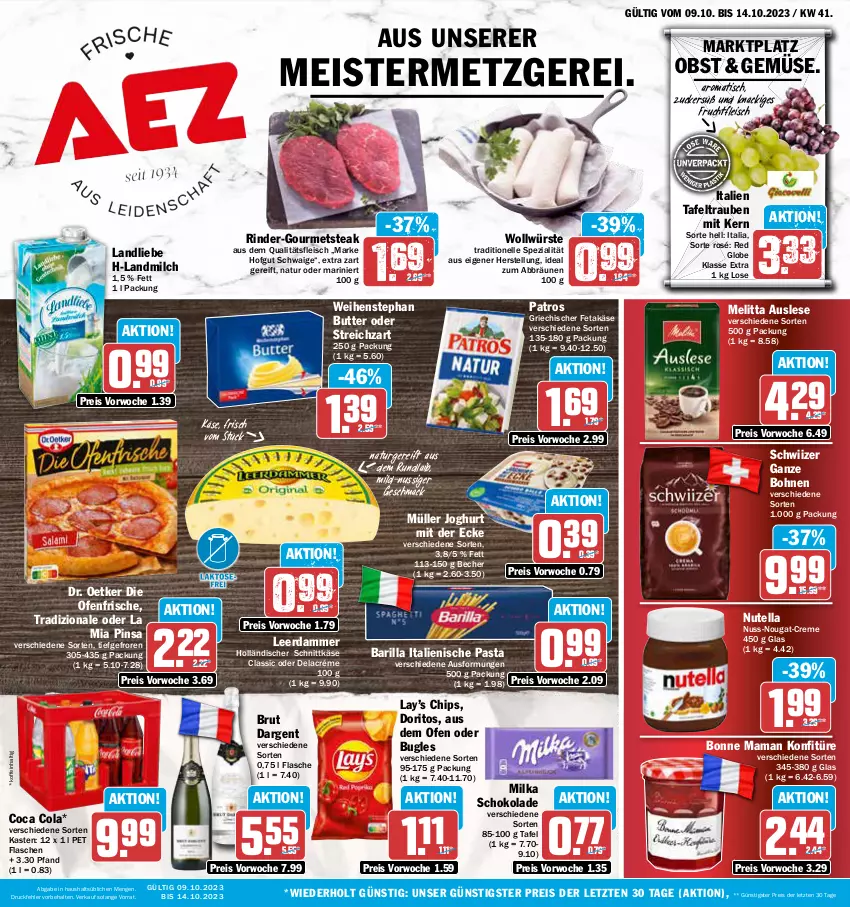 Aktueller Prospekt Aez - Prospekte - von 09.10 bis 14.10.2023 - strona 1 - produkty: barilla, Becher, bohne, bohnen, bonne maman, brut, brut dargent, bugles, butter, chips, cola, creme, die ofenfrische, Doritos, Dr. Oetker, eis, elle, feta, flasche, fleisch, frucht, fruchtfleisch, hofgut, holländischer schnittkäse, italienische pasta, joghur, joghurt, joghurt mit der ecke, Käse, konfitüre, landliebe, landmilch, leerdammer, mac, mam, Meister, melitta, milch, milka, milka schokolade, Müller, natur, nuss, nuss-nougat-creme, nutella, obst, Ofen, pasta, patros, reis, rind, rinder, schnittkäse, schoko, schokolade, Spezi, steak, Streichzart, tafeltrauben, Ti, tisch, tradizionale, trauben, weihenstephan, ZTE, zucker