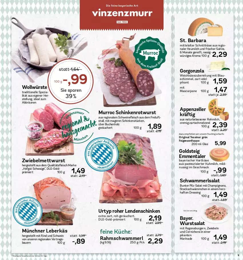 Aktueller Prospekt Aez - Prospekte - von 09.10 bis 14.10.2023 - strona 5 - produkty: appenzeller, auer, Bau, Bauer, buch, burger, champignon, champignons, dressing, eis, elle, emmentaler, Feigen, frucht, gin, goldsteig, gorgonzola, hartkäse, Heu, heumilch, hofgut, Holz, Käse, küche, leberkäs, LG, mac, marinade, mascarpone, merl, Mett, mettwurst, milch, natur, nuss, regensburger, reis, rind, Rotwurst, sahne, salat, sauce, schinken, schnittkäse, schwamm, schwein, schweine, senf, Spezi, Ti, urtyp, weichkäse, wein, weine, wurst, ZTE, zwiebel, zwiebelmettwurst, zwiebeln