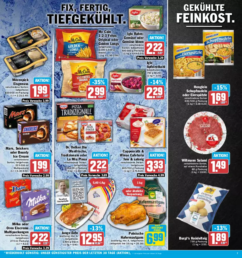 Aktueller Prospekt Aez - Prospekte - von 09.10 bis 14.10.2023 - strona 7 - produkty: apfel, auer, beutel, bounty, coppenrath, creme, die ofenfrische, discount, Dr. Oetker, eier, eierspätzle, eis, eiscreme, elle, ente, Entenbrust, feinkost, gin, Golden Longs, hafer, henglein, honig, iglo, Knödel, Knödelteig, mars, mc cain, milka, mövenpick, mövenpick eis, nudel, nudeln, nuss, Ofen, oreo, reis, Ria, rotkohl, salami, snickers, teller, Ti, tradizionale, wiltmann, ZTE