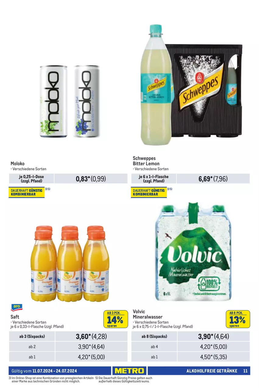 Aktueller Prospekt Metro - Händler Journal - von 11.07 bis 24.07.2024 - strona 11 - produkty: alkohol, alkoholfreie getränke, Alwa, auer, bitter lemon, eis, flasche, getränk, getränke, mineralwasser, reis, saft, schweppes, Ti, volvic, wasser