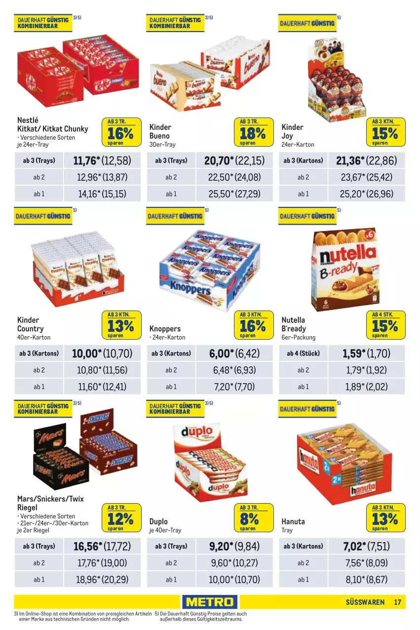 Aktueller Prospekt Metro - Händler Journal - von 11.07 bis 24.07.2024 - strona 17 - produkty: auer, duplo, eis, hanuta, Kinder, kinder bueno, kinder country, kitkat, knoppers, mars, nestlé, nutella, reis, riegel, snickers, süsswaren, Ti, twix