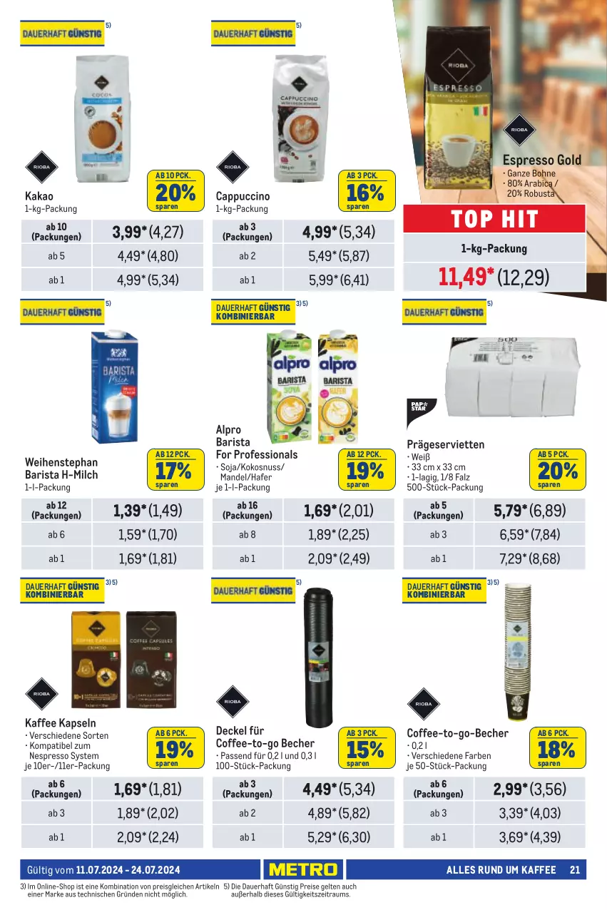 Aktueller Prospekt Metro - Händler Journal - von 11.07 bis 24.07.2024 - strona 21 - produkty: alpro, auer, Becher, bohne, Cap, cappuccino, cin, decke, Deckel, eis, espresso, hafer, kaffee, kakao, kokos, kokosnuss, mandel, milch, nespresso, nuss, reis, Serviette, servietten, soja, Ti, weihenstephan