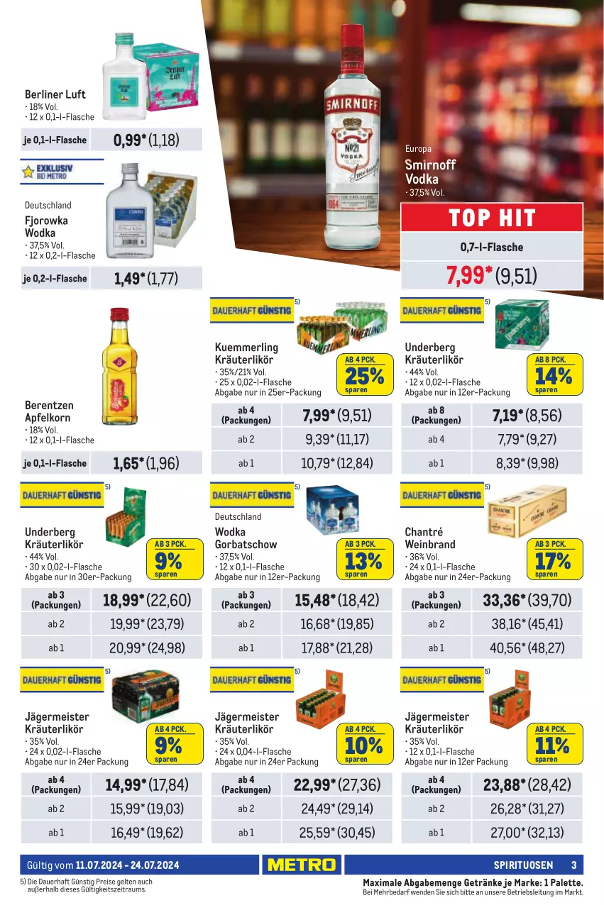 Aktueller Prospekt Metro - Händler Journal - von 11.07 bis 24.07.2024 - strona 3 - produkty: apfel, auer, berentzen, berliner, berliner luft, chantré, eis, flasche, Germ, getränk, getränke, Gorbatschow, jägermeister, korn, kräuter, kräuterlikör, kuemmerling, likör, Meister, merl, Palette, reis, smirnoff, spirituosen, Ti, underberg, vodka, wein, weinbrand, wodka