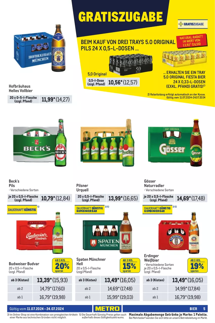 Aktueller Prospekt Metro - Händler Journal - von 11.07 bis 24.07.2024 - strona 5 - produkty: auer, auto, bier, budweiser, eis, elle, erdinger, flasche, getränk, getränke, gin, gösser, LG, natur, natura, Palette, pils, pilsner, pilsner urquell, radler, reis, Spaten, Ti, tisch