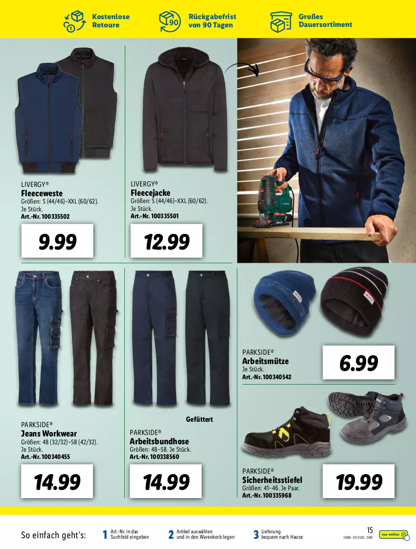 Aktueller Prospekt Lidl - Aktuelle Onlineshop-Highlights - von 01.01 bis 31.01.2022 - strona 15 - produkty: auer, cewe, Fleecejacke, hose, Jacke, jeans, korb, livergy, Mütze, Parkside, Ti, Weste