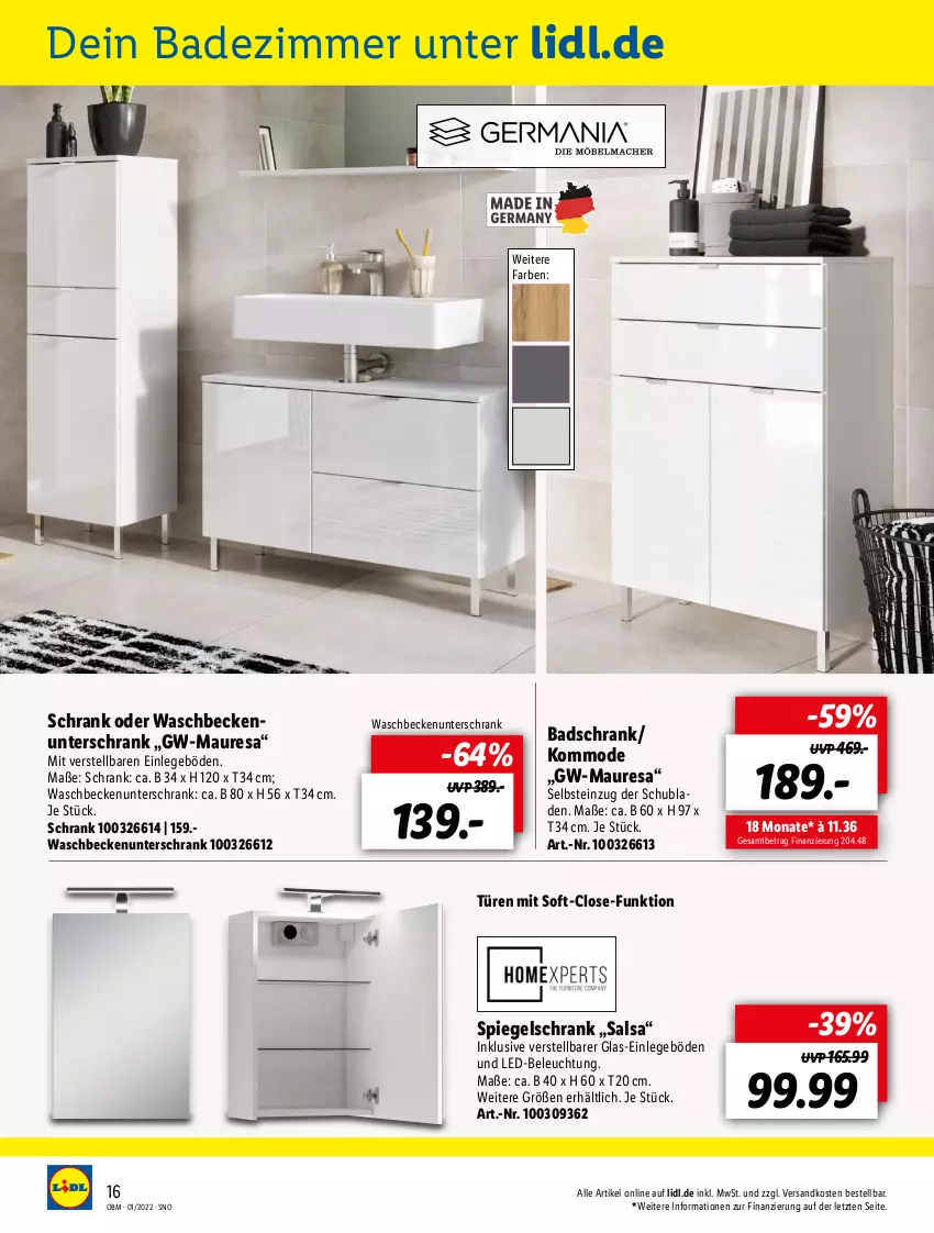 Aktueller Prospekt Lidl - Aktuelle Onlineshop-Highlights - von 01.01 bis 31.01.2022 - strona 16 - produkty: Bad, Beckenunterschrank, beleuchtung, kommode, led-beleuchtung, Mode, ndk, resa, Salsa, Schrank, schubladen, spiegel, spiegelschrank, Ti, unterschrank, waschbecken, waschbeckenunterschrank, ZTE