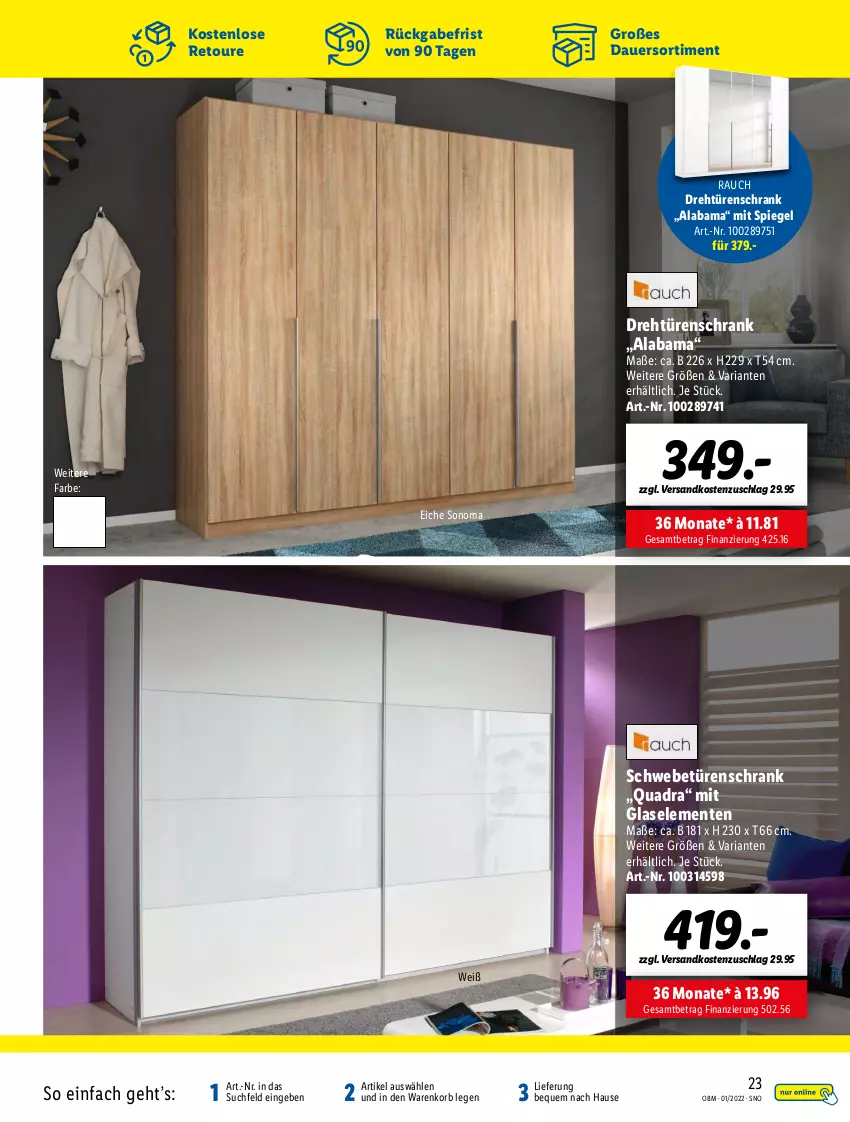 Aktueller Prospekt Lidl - Aktuelle Onlineshop-Highlights - von 01.01 bis 31.01.2022 - strona 23 - produkty: auer, drehtürenschrank, ente, korb, ndk, quad, Rauch, Ria, Schrank, schwebetürenschrank, spiegel, Ti, türenschrank