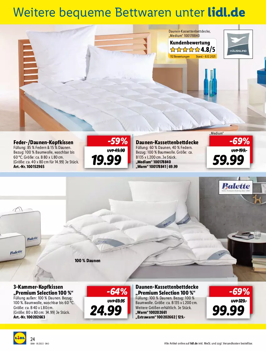 Aktueller Prospekt Lidl - Aktuelle Onlineshop-Highlights - von 01.01 bis 31.01.2022 - strona 24 - produkty: Bau, baumwolle, bett, decke, kissen, kopfkissen, ndk, Ti, wolle