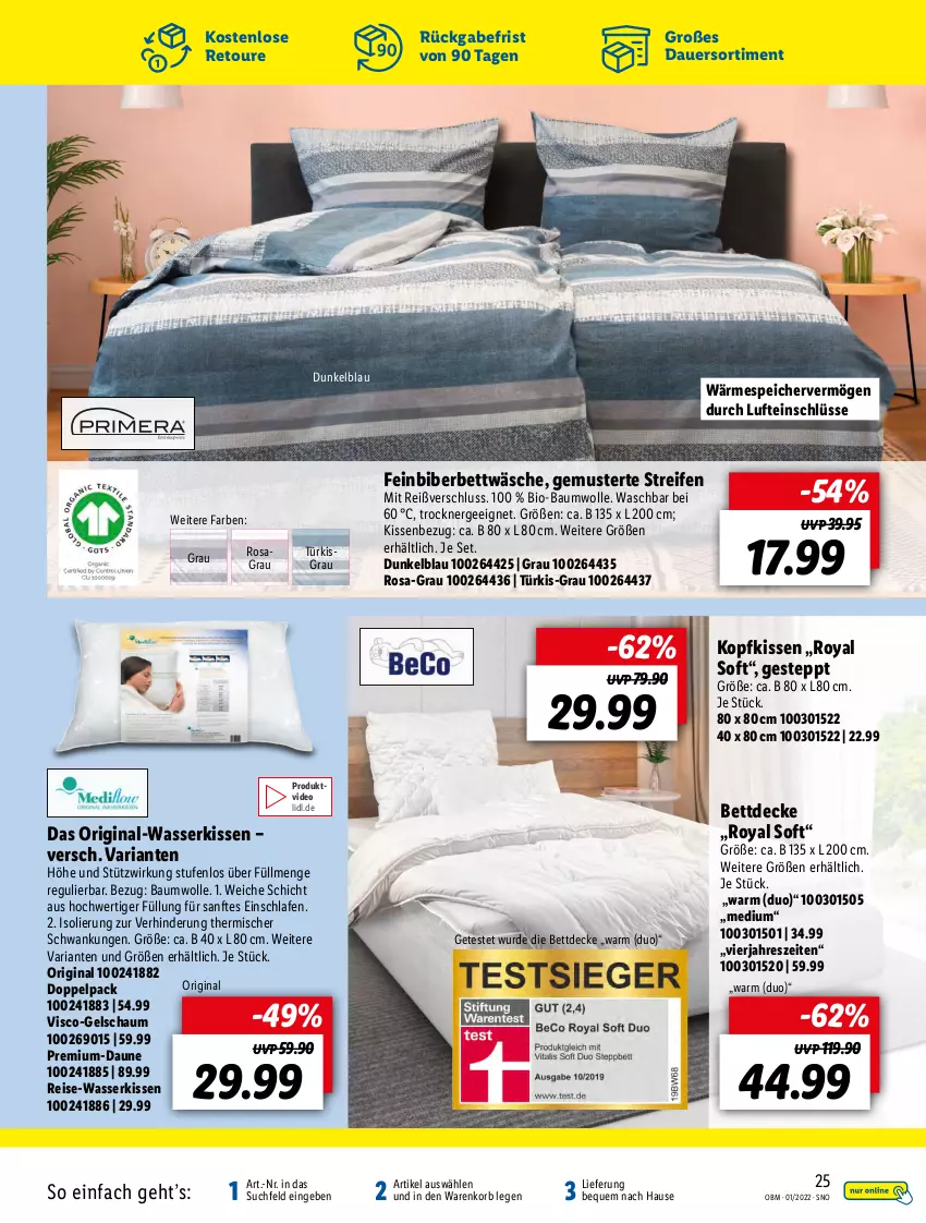 Aktueller Prospekt Lidl - Aktuelle Onlineshop-Highlights - von 01.01 bis 31.01.2022 - strona 25 - produkty: auer, Bau, baumwolle, bett, bettwäsche, bio, bio-baumwolle, decke, deo, eis, Ergee, gin, kissen, Kissenbezug, kopfkissen, korb, reifen, reis, Ria, Ti, Trockner, wasser, wolle