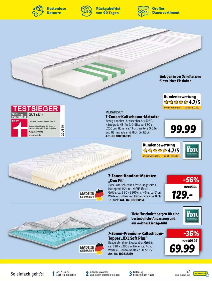 Aktueller Prospekt Lidl - Aktuelle Onlineshop-Highlights - von 01.01 bis 31.01.2022 - strona 27 - produkty: auer, dell, kaltschaum-matratze, kaltschaummatratze, Kaltschaumtopper, korb, Liege, matratze, meradiso, Mode, Schaummatratze, Ti, topper