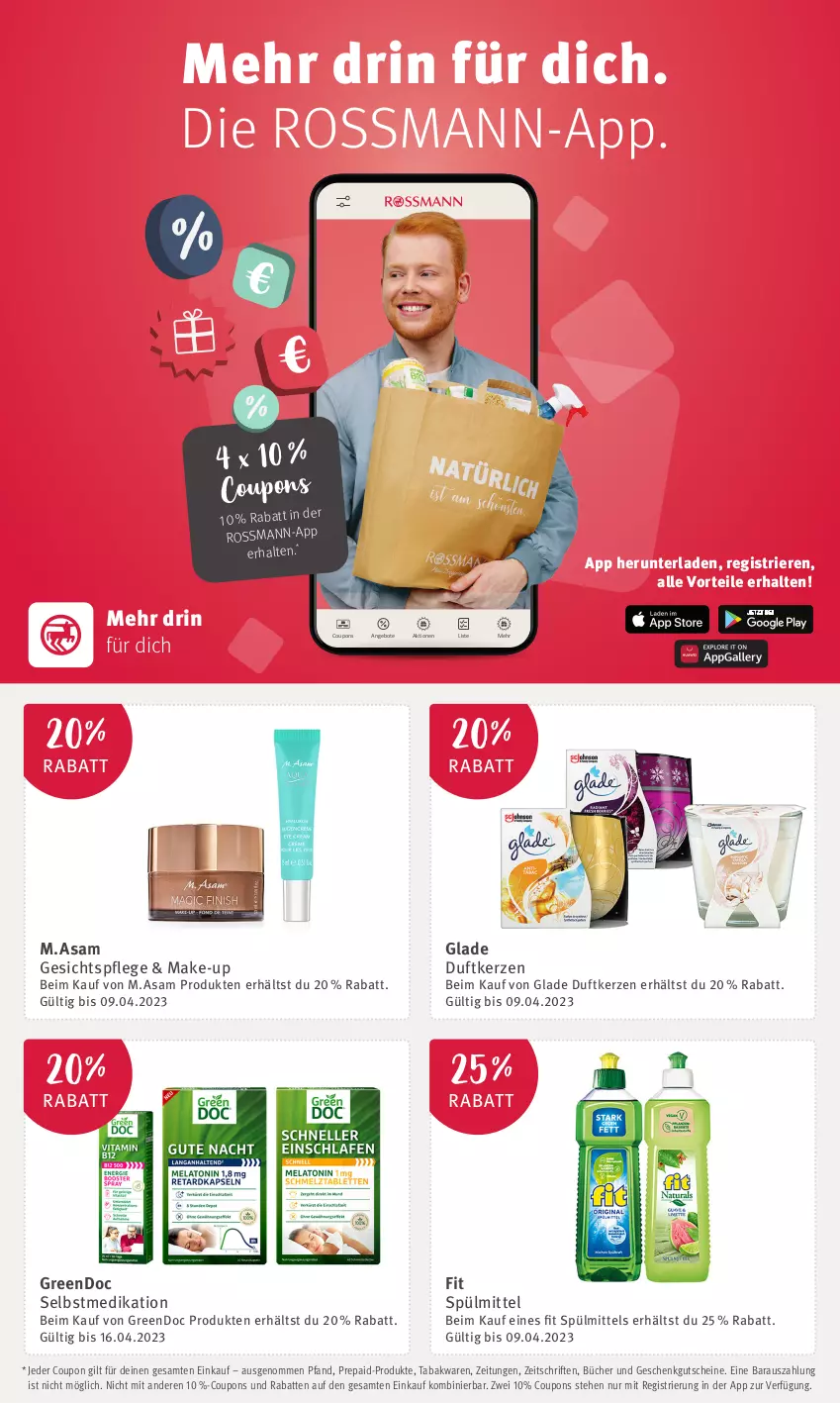 Aktueller Prospekt Rossmann - Prospekte - von 01.03 bis 26.03.2023 - strona 1 - produkty: angebot, angebote, coupon, coupons, Duftkerze, gesichtspflege, Glade, gutschein, gutscheine, kerze, M.ASAM, Make-up, spülmittel, Ti