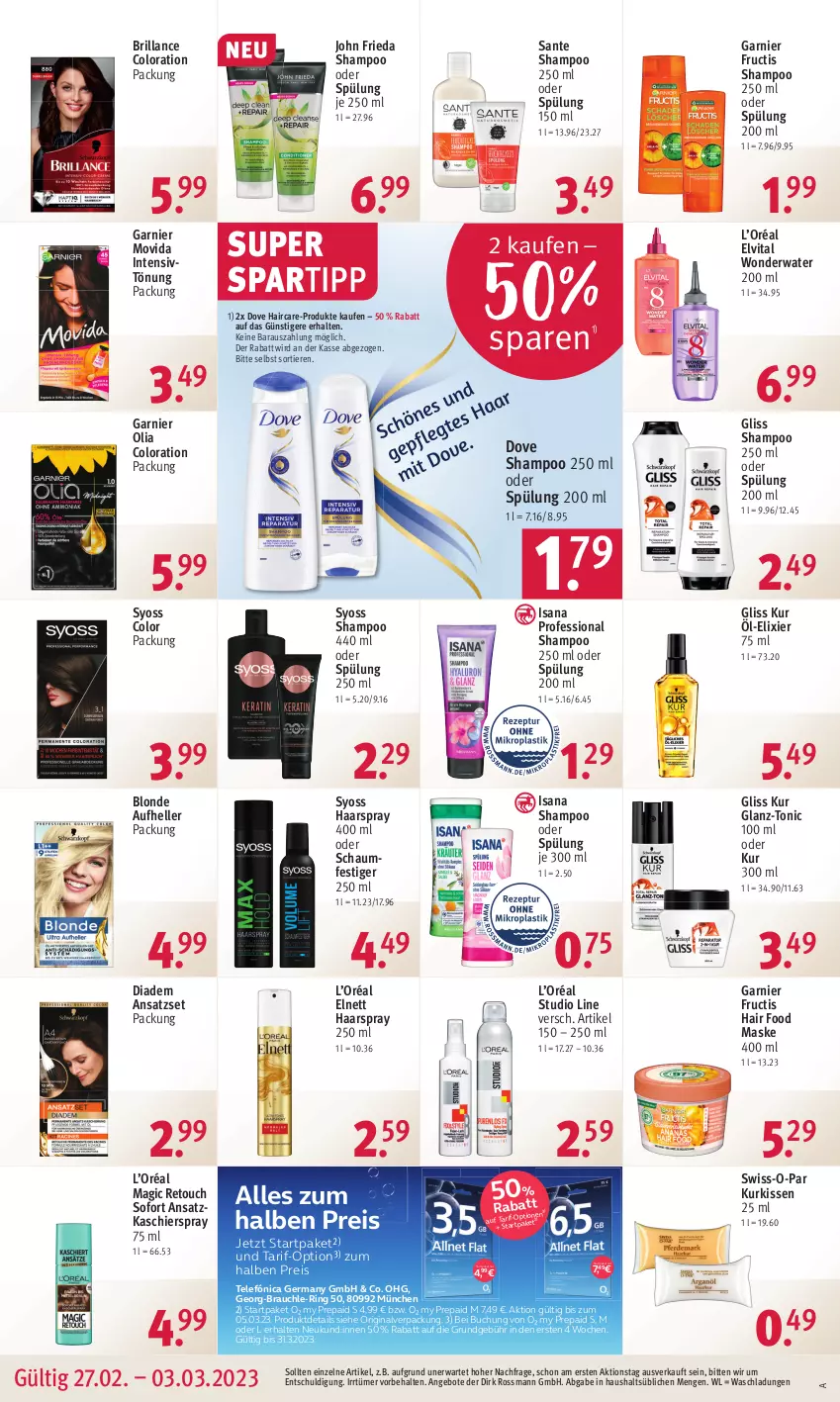 Aktueller Prospekt Rossmann - Prospekte - von 27.02 bis 03.03.2023 - strona 16 - produkty: angebot, angebote, brillance, buch, diadem, dove, eis, elle, elnett, elvital, fructis, garnier, Germ, gin, gliss, gliss kur, haarspray, Intensivtönung, isana, kissen, Maske, oder schaumfestiger, Rauch, reis, ring, sana, SANTE, schaumfestiger, shampoo, shampoo 250 ml, shampoo oder spülung, spartipp, spülung, spülung 200 ml, Swiss-o-Par, syoss, Ti, Tiere, tonic, vita, Yo