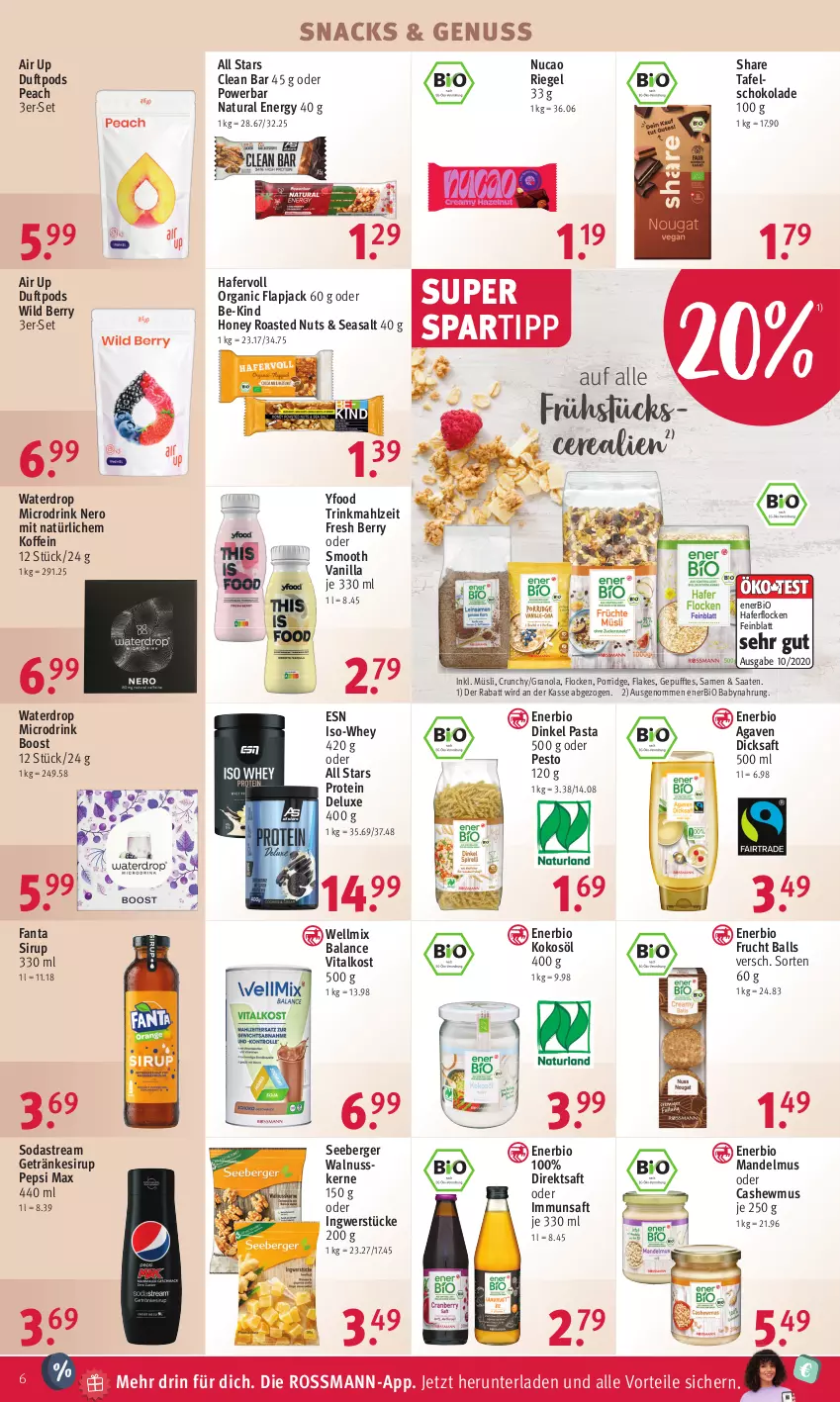 Aktueller Prospekt Rossmann - Prospekte - von 27.02 bis 03.03.2023 - strona 6 - produkty: agaven, Babynahrung, ball, Be-Kind, Berger, bio, Cashew, cerealien, dicksaft, direktsaft, drink, fanta, flakes, frucht, getränk, getränke, getränkesirup, hafer, haferflocken, ingwer, kokos, kokosöl, mandel, Mandelmus, müsli, natur, natura, nero, nuss, pasta, pepsi, pesto, Pods, porridge, riegel, saft, schoko, schokolade, seeberger, sirup, snack, snacks, Soda, sodastream, spartipp, tafelschokolade, Ti, vita, walnuss, walnusskerne, Wild, wild berry