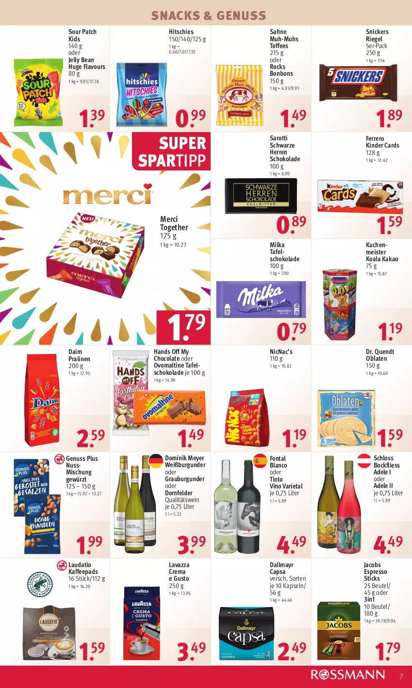 Aktueller Prospekt Rossmann - Prospekte - von 27.02 bis 03.03.2023 - strona 7 - produkty: beutel, bonbons, burgunder, Cap, cola, daim, dallmayr, dallmayr capsa, dornfelder, eis, espresso, ferrero, gewürz, grauburgunder, jacobs, kaffee, kaffeepads, kakao, Kinder, kuchen, kuchenmeister, lavazza, Meister, merci, milka, nuss, Oblaten, ovomaltine, pralinen, qualitätswein, riegel, sahne, saro, sarotti, schoko, schokolade, snack, snacks, snickers, spartipp, tafelschokolade, Ti, wein, Weißburgunder