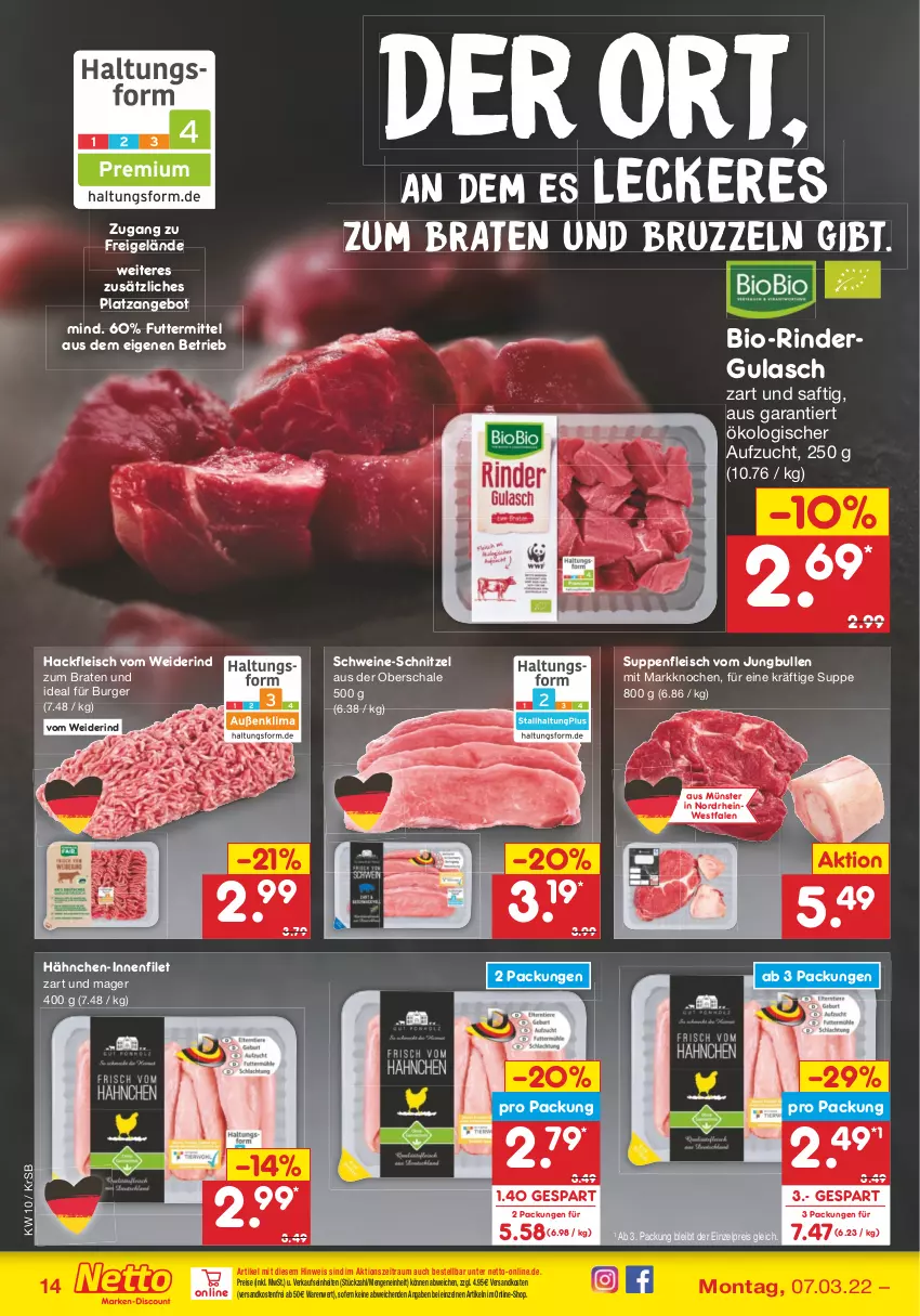 Aktueller Prospekt Netto Marken-Discount - Filial-Angebote - von 07.03 bis 12.03.2022 - strona 14 - produkty: angebot, bio, braten, burger, eis, filet, fleisch, gulasch, hackfleisch, jungbullen, ndk, reis, rind, rinder, rindergulasch, saft, Schal, Schale, schnitzel, schwein, schweine, schweine-schnitzel, suppe, suppen, suppenfleisch, Ti, versandkostenfrei, wein, weine