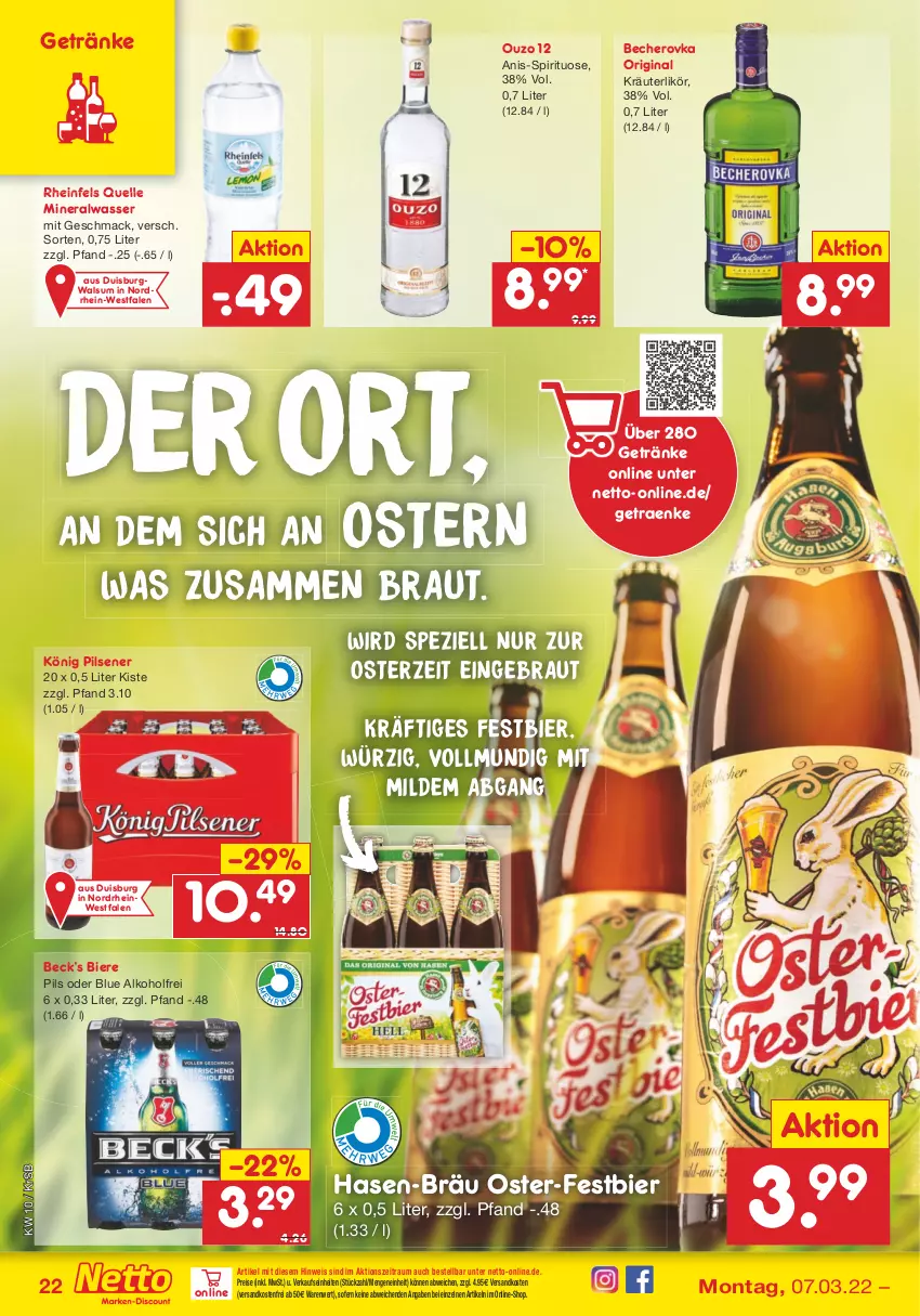 Aktueller Prospekt Netto Marken-Discount - Filial-Angebote - von 07.03 bis 12.03.2022 - strona 22 - produkty: alkohol, Alwa, Becher, Becherovka, bier, Biere, eis, elle, getränk, getränke, gin, hero, könig pilsener, kräuter, kräuterlikör, likör, mac, mineralwasser, ndk, ouzo, ouzo 12, pils, pilsener, reis, rheinfels quelle, Spezi, Ti, versandkostenfrei, wasser