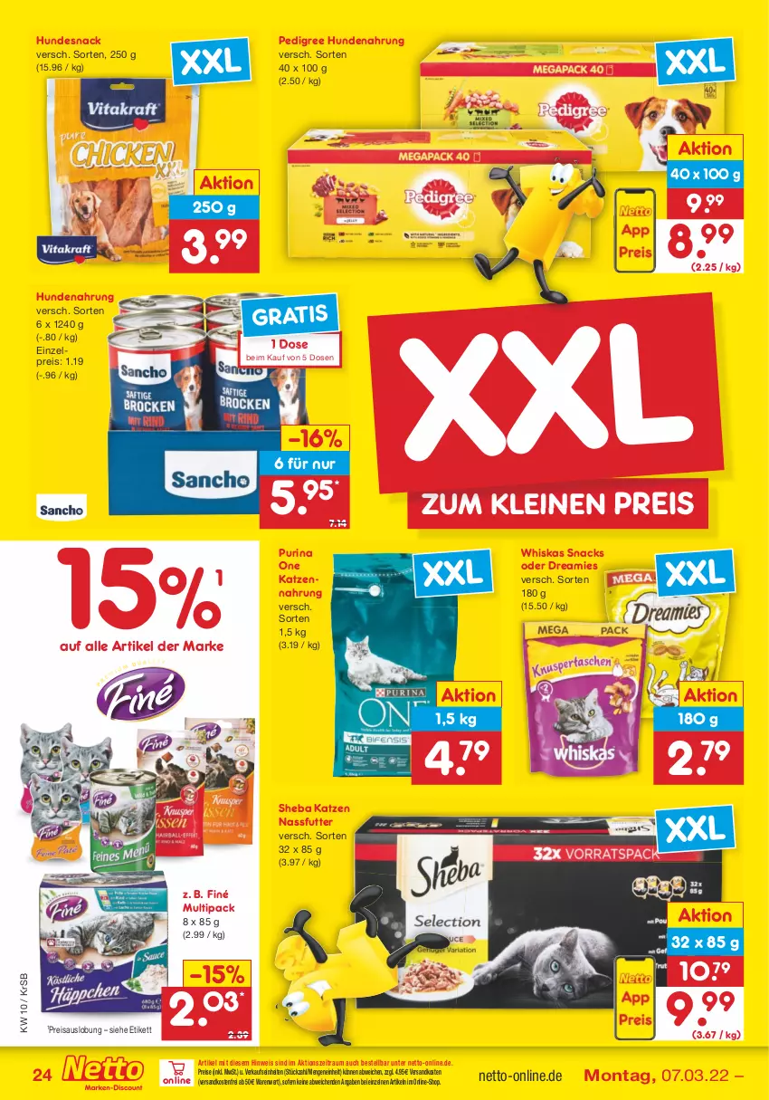 Aktueller Prospekt Netto Marken-Discount - Filial-Angebote - von 07.03 bis 12.03.2022 - strona 24 - produkty: dreamies, eis, hundenahrung, hundesnack, katzennahrung, leine, nassfutter, ndk, pedigree, purina, reis, sheba, snack, snacks, Ti, versandkostenfrei, whiskas