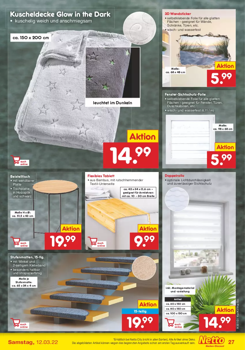 Aktueller Prospekt Netto Marken-Discount - Filial-Angebote - von 07.03 bis 12.03.2022 - strona 27 - produkty: angebot, armlehnen, bambus, Beba, beistelltisch, Brei, decke, doppelrollo, eis, fenster, Holz, HP, kuscheldecke, latte, Leuchte, LG, Ria, Stufenmatten, tablet, tablett, Ti, tisch, tischplatte, wasser, ZTE