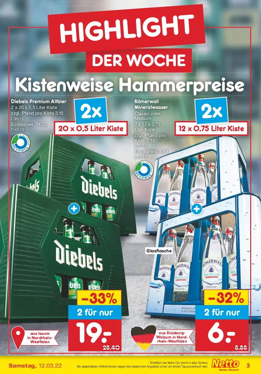 Aktueller Prospekt Netto Marken-Discount - Filial-Angebote - von 07.03 bis 12.03.2022 - strona 3 - produkty: Alwa, angebot, bier, diebels, eis, flasche, glasflasche, mineralwasser, reis, Ti, wasser, ZTE