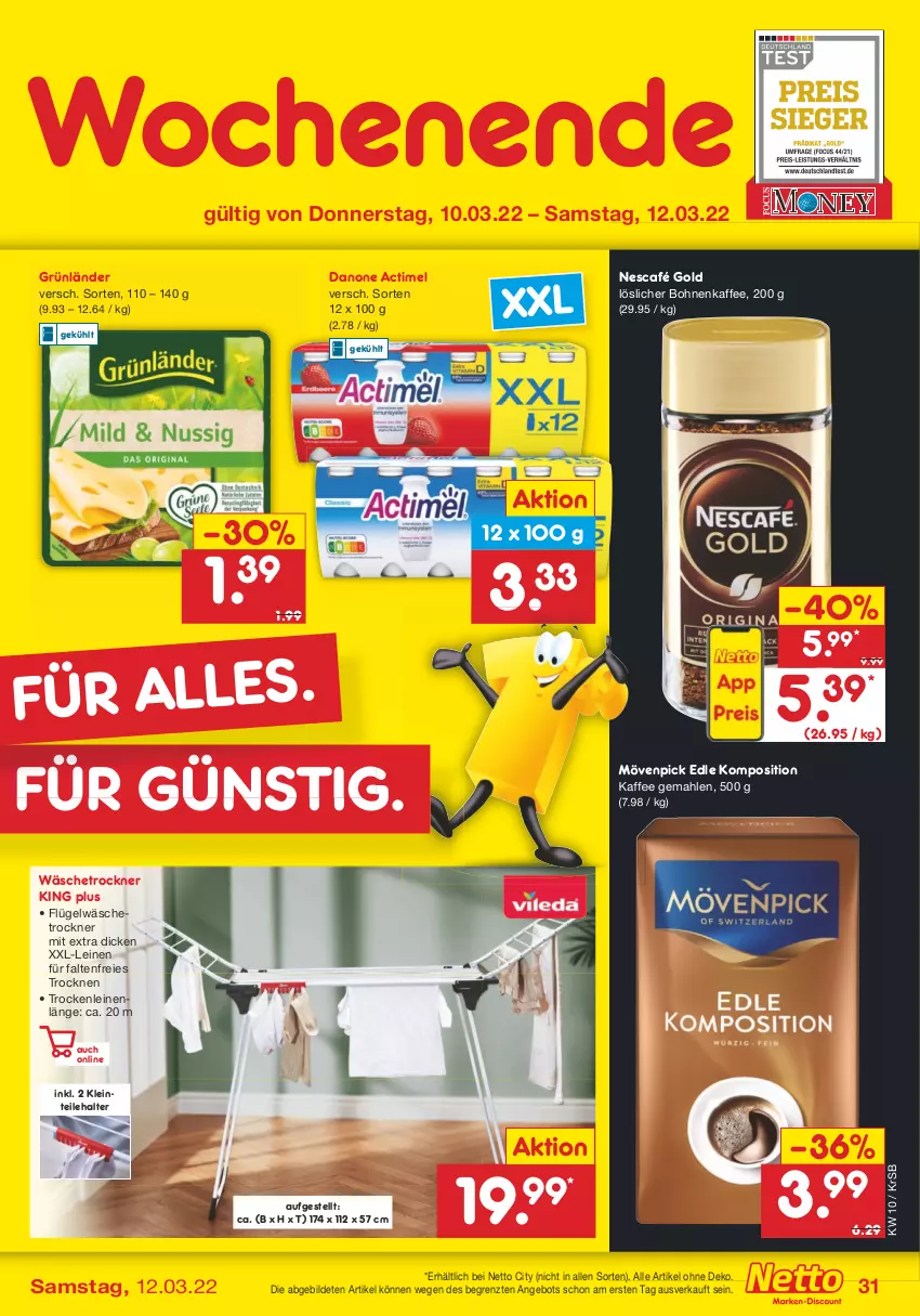 Aktueller Prospekt Netto Marken-Discount - Filial-Angebote - von 07.03 bis 12.03.2022 - strona 31 - produkty: actimel, angebot, bohne, bohnen, bohnenkaffee, danone, grünländer, kaffee, leine, löslicher bohnenkaffee, mövenpick, Nescafé, nescafé gold, Ti, Trockner, wäschetrockner, ZTE