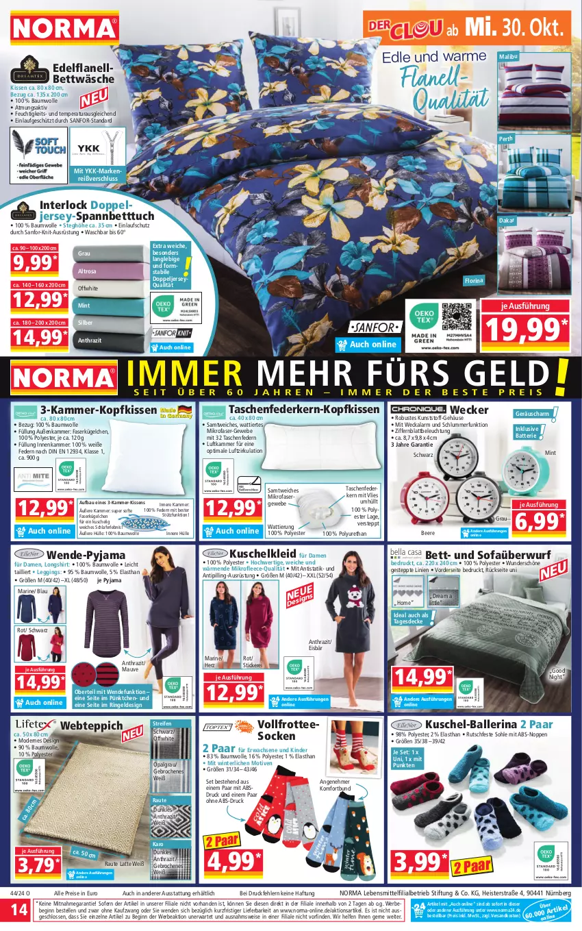 Aktueller Prospekt Norma - Norma - von 28.10 bis 04.11.2024 - strona 14 - produkty: ball, batterie, Bau, baumwolle, Bebe, beere, beleuchtung, bett, Betttuch, bettwäsche, decke, eis, elle, federkern, gin, jersey-spannbetttuch, Kinder, kissen, kleid, kopfkissen, Kuschelkleid, latte, lebensmittel, leggings, LG, Malibu, mikrofaser, mint, Mode, ndk, Pyjama, reifen, reis, ring, shirt, socken, Sofa, Sofaüberwurf, spannbetttuch, tagesdecke, Tasche, taschen, tee, teppich, Ti, Tipi, tuc, webteppich, weck, wolle