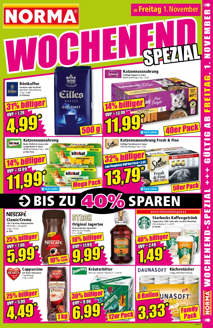 Aktueller Prospekt Norma - Norma - von 28.10 bis 04.11.2024 - strona 15 - produkty: ACC, Becher, bohne, bohnen, bohnenkaffee, caffè latte, Cap, cappuccino, caramel, chia, cin, flasche, Geflügel, gelee, getränk, gin, Jagertee, kaffee, kakao, kraft, kräuter, küche, Küchen, küchentücher, kühlregal, latte, löslicher bohnenkaffee, mac, macchiato, Nassnahrung, Ragout, regal, Ria, röstkaffee, sauce, Spezi, starbucks, tee, Ti, tücher