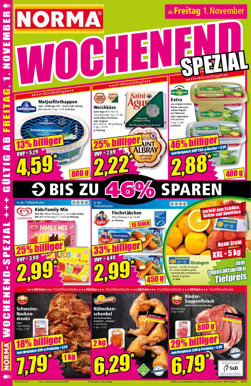 Aktueller Prospekt Norma - Norma - von 28.10 bis 04.11.2024 - strona 16 - produkty: albray, Becher, Berger, butter, eis, filet, fisch, fischstäbchen, fleisch, früchte, gin, hähnchenschenkel, henkel, Käse, lebensmittel, matjes, Matjesfilet, meersalz, Nackensteak, nackensteaks, natur, navelina, orange, orangen, rapsöl, regal, reis, rind, rinder, sac, saft, Saint Agur, saint albray, salz, schenkel, schwein, schweine, schweinenacken, steak, steaks, suppe, suppen, suppenfleisch, tesa, Ti, tiefpreis, weichkäse, wein, weine