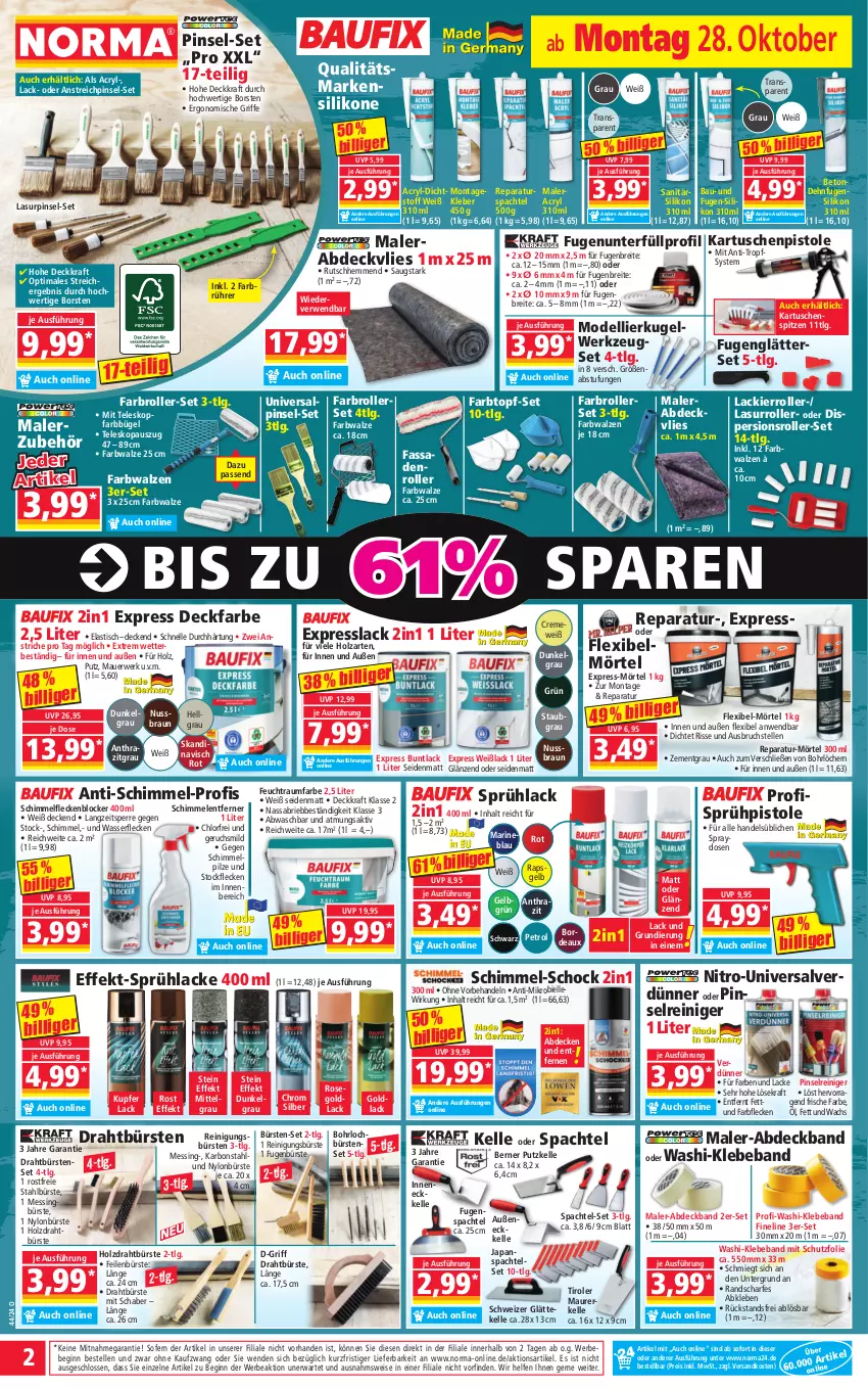 Aktueller Prospekt Norma - Norma - von 28.10 bis 04.11.2024 - strona 2 - produkty: abdeckvlies, asti, auer, Bau, Beba, Bebe, braun, Brei, brie, bügel, bürste, bürsten, creme, decke, dell, Dispersionsroller, Draht, eis, elle, Farben und Lacke, Farbroller, Farbwalzen, Fassadenroller, Fugenbürste, Fugenglätter, gin, Holz, HP, kleber, kraft, Kugel, lack, Lacke, Lackierroller, Lasurroller, LG, Mode, ndk, Nitro-Universalverdünner, nuss, pilze, Pinsel, Raumfarbe, reiniger, Reinigung, reinigungsbürste, reis, Roller, rwe, spachtel, Sprühlack, Sprühpistole, Teleskop, Ti, tisch, topf, topf-set, Universalverdünner, usb, wasser, Weißlack, werkzeug, Zement