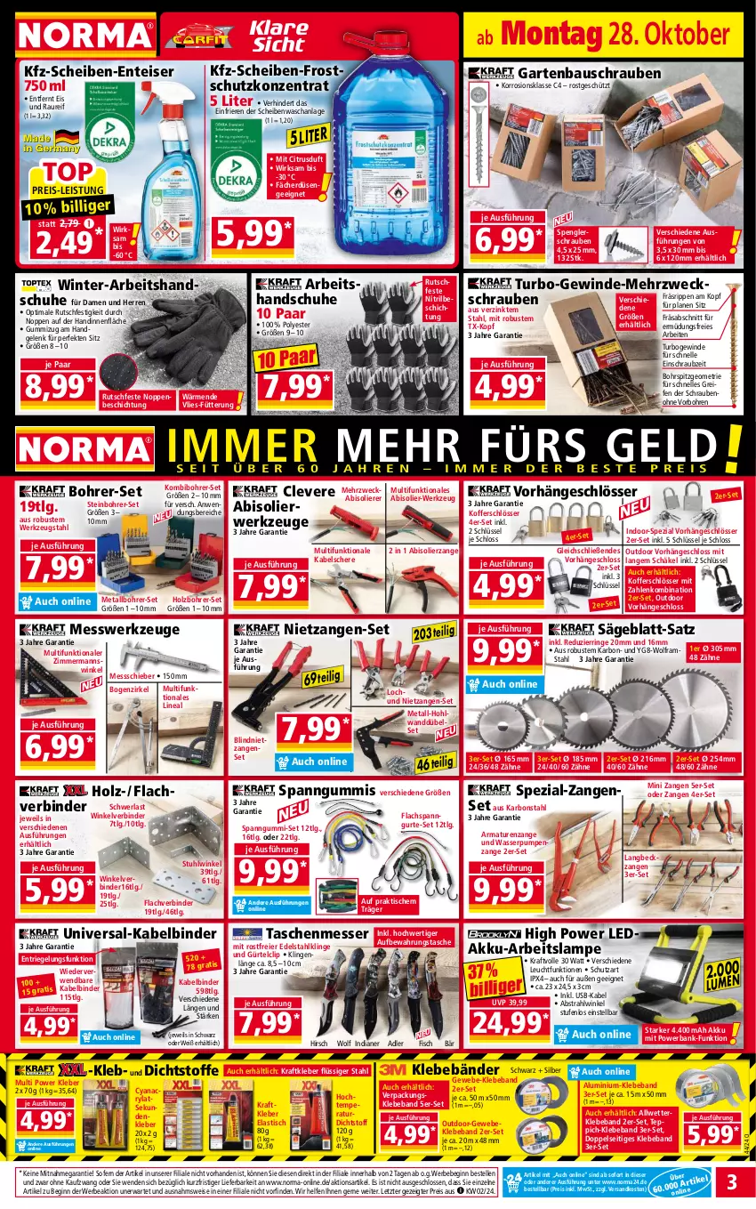 Aktueller Prospekt Norma - Norma - von 28.10 bis 04.11.2024 - strona 3 - produkty: abis, akku, armatur, armaturen, asti, aufbewahrungstasche, Bank, Bau, Beba, Bebe, Bohrer-Set, citrus, edelstahl, eier, eis, elle, ente, fisch, Garten, gin, handschuhe, Holz, kleber, koffer, kraft, lachs, Lampe, LG, messer, ndk, powerbank, reifen, reis, riegel, ring, Rippen, rwe, säge, Schere, schrauben, schuhe, Spezi, stuhl, Tasche, taschen, teppich, Ti, tisch, usb, wasser, Wasserpumpenzange, weck, werkzeug, werkzeuge, Zangen, ZTE