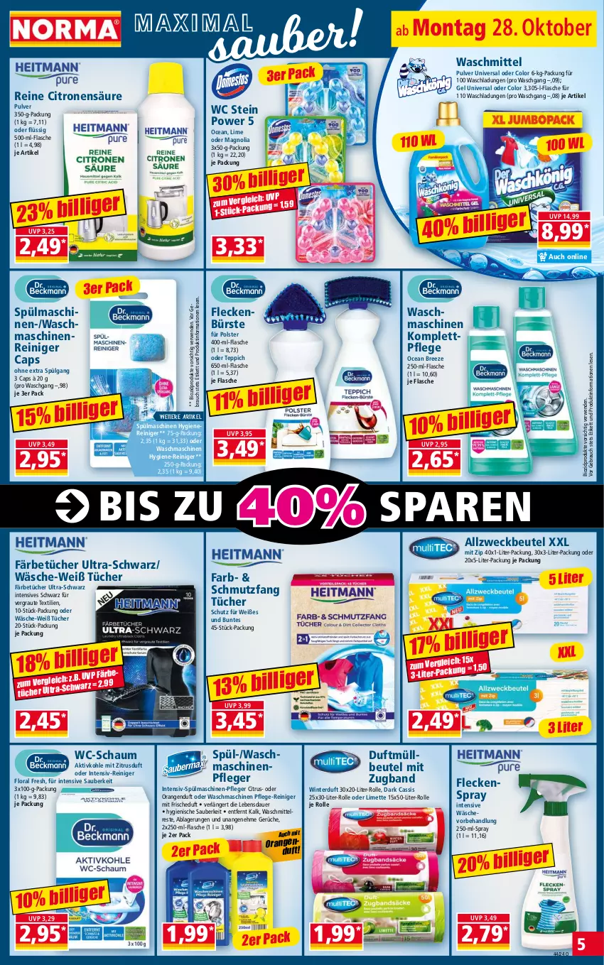 Aktueller Prospekt Norma - Norma - von 28.10 bis 04.11.2024 - strona 5 - produkty: auer, beutel, bio, biozidprodukte, bree, bürste, Cap, cassis, citrus, flasche, hygiene-reiniger, LG, limette, Maschinenpfleger, maschinenreiniger, Mett, müllbeutel, orange, orangen, Rauch, reiniger, rwe, spülmaschinen, teppich, Ti, tücher, waschmaschine, waschmaschinen, waschmittel, weck