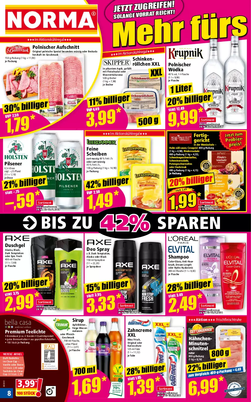 Aktueller Prospekt Norma - Norma - von 28.10 bis 04.11.2024 - strona 8 - produkty: apfel, auer, aufschnitt, Becher, beere, Beskada, bier, Blüte, cevapcici, Clin, creme, deo, deo spray, duschgel, eis, fertiggericht, flasche, fleisch, fleischsalat, geschnetzeltes, gin, hyaluron, kühlregal, lack, mac, meerrettich, melone, melonen, minutenschnitzel, natur, nero, nuss, pfirsich, pils, pilsener, pute, Putengeschnetzeltes, recyclingmaterial, regal, reis, Rettich, Ria, rind, rinder, Rinderroulade, salat, Schal, Schale, schinken, schnitzel, schwein, schweine, Schweineroulade, shampoo, sirup, Spezi, steak, tee, Teelicht, teelichte, Ti, vanille, wasser, wassermelone, wassermelonen, wein, weine, zahncreme, Zelt