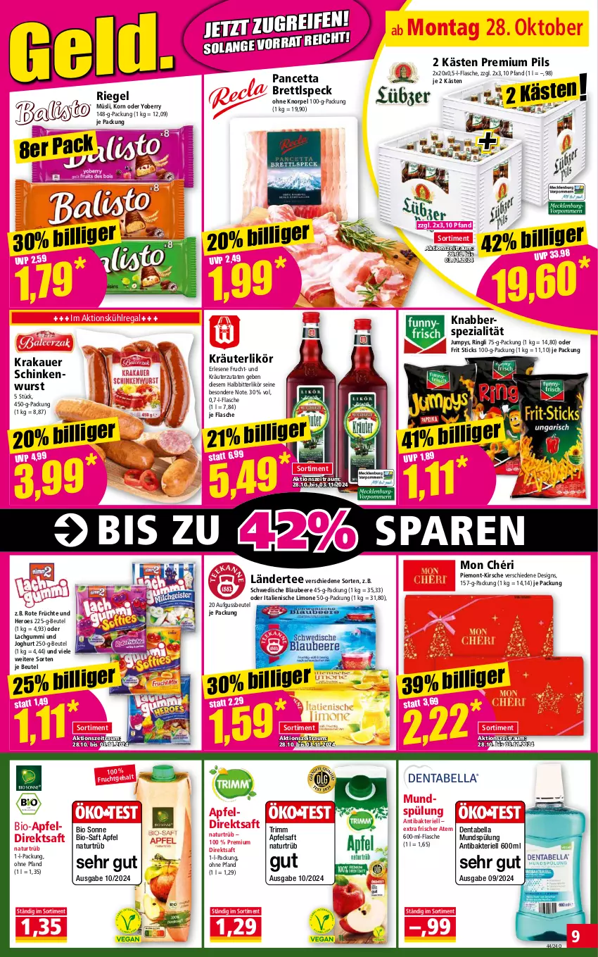 Aktueller Prospekt Norma - Norma - von 28.10 bis 04.11.2024 - strona 9 - produkty: apfel, Apfeldirektsaft, apfelsaft, auer, beere, beutel, bio, Blaubeer, blaubeere, direktsaft, flasche, frucht, früchte, hero, joghur, joghurt, kirsch, kirsche, korn, krakauer, kräuter, kräuterlikör, kühlregal, lachgummi, Ländertee, likör, limo, Mon Chéri, mundspülung, müsli, natur, pils, premium pils, regal, riegel, ring, saft, schinken, schinkenwurst, Speck, Spezi, spülung, tee, Ti, wurst, Yo