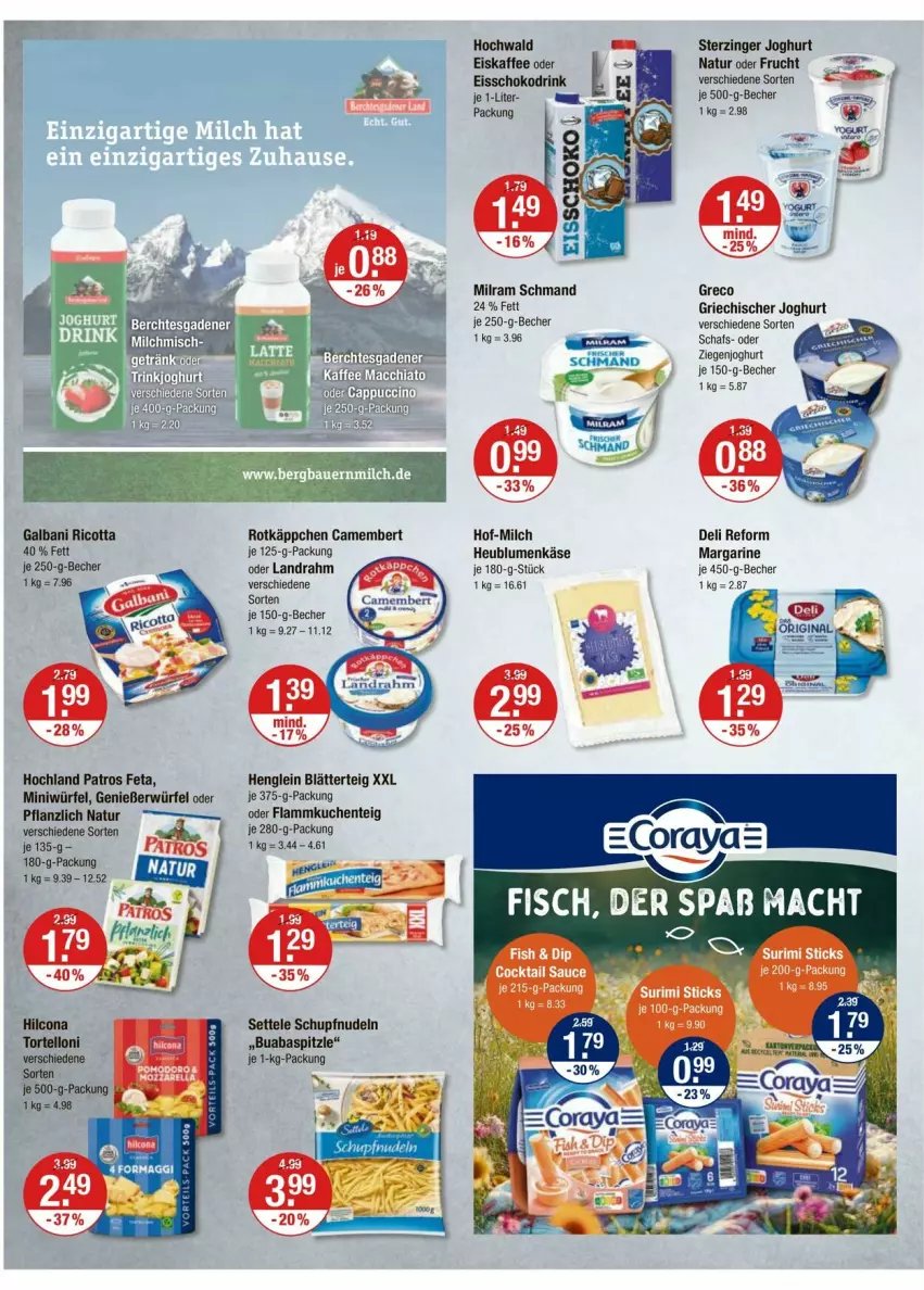 Aktueller Prospekt Vmarkt - Prospekte - von 18.09 bis 24.09.2025 - strona 10 - produkty: Becher, blätterteig, blume, blumen, camembert, deli reform, drink, eis, eiskaffee, ente, feta, flammkuchen, Flammkuchenteig, frucht, galbani, Griechischer Joghurt, henglein, Heu, hilcona, hochland, joghur, joghurt, kaffee, Käse, kuchen, lamm, margarine, milch, milram, natur, nudel, nudeln, patros, ricotta, rotkäppchen, schmand, schoko, settele, torte, tortelloni, würfel