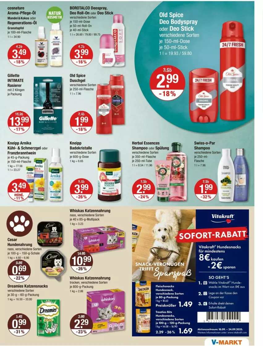 Aktueller Prospekt Vmarkt - Prospekte - von 18.09 bis 24.09.2025 - strona 17 - produkty: apfel, Bad, Badekristalle, body, bodyspray, Borotalco, coupon, deo, deo roll-on, deospray, dreamies, duschgel, eis, flasche, gillette, grana, granatapfel, hundenahrung, hundesnack, hundesnacks, katzennahrung, katzensnack, katzensnacks, kneipp, kokos, kraft, LG, mandel, natur, Old Spice, Rana, rasierer, reis, roll-on, Schal, Schale, shampoo, shampoo oder spülung, snack, snacks, spülung, Swiss-o-Par, Ti, vita, vitakraft, wein, whiskas