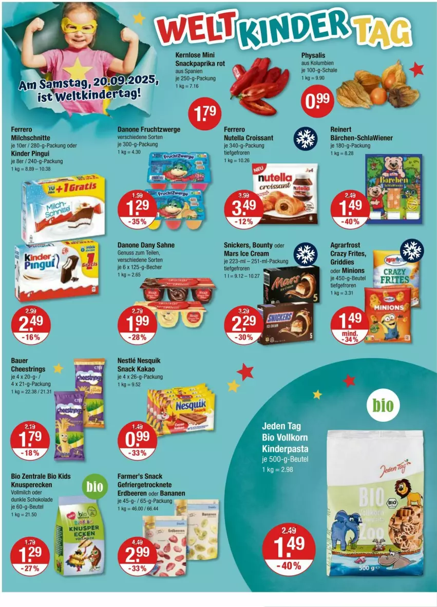 Aktueller Prospekt Vmarkt - Prospekte - von 18.09 bis 24.09.2025 - strona 18 - produkty: agrarfrost, auer, banane, bananen, Bau, Bauer, Becher, beere, beeren, beutel, bio, bounty, Crazy Frites, Croissant, danone, danone fruchtzwerge, Dany, dany sahne, erdbeere, erdbeeren, ferrero, frucht, fruchtzwerge, Griddies, kakao, Kinder, kinder pingui, mars, milch, Milchschnitte, nesquik, nuss, nutella, paprika, paprika rot, Physalis, pingui, reinert, ring, sahne, Schal, Schale, schoko, schokolade, snack, snickers, String, Ti, vollmilch, wiener